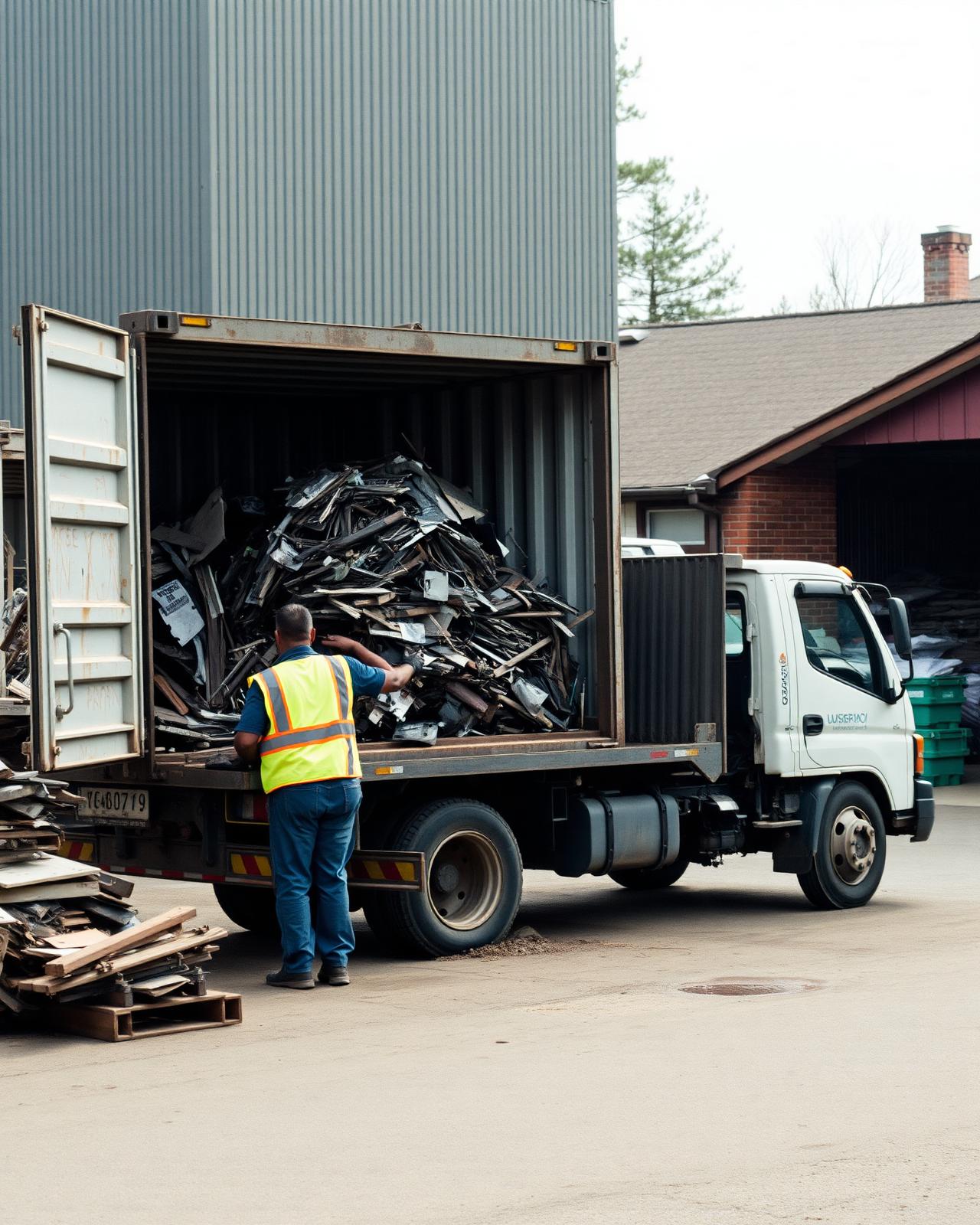 Mitarbeiter verlädt Altmetall in einen Container auf einem Transporter